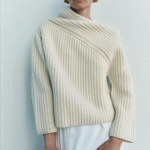 Zara Wool Blend Asymmetric Neckline Sweater Ecru Medium M